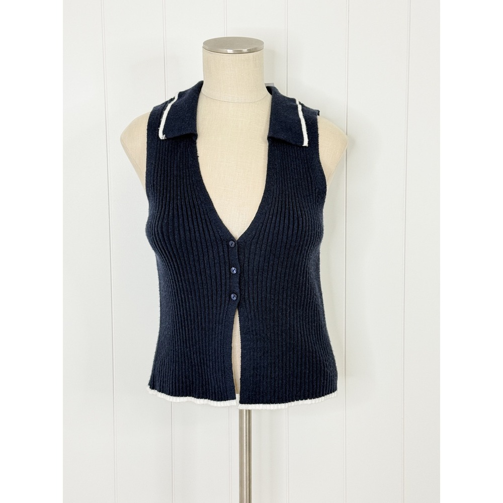 Freshman Sweater Vest XL Navy White Rib Knit Collared Button Front Preppy NWT
